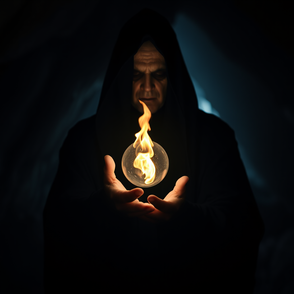 A cinematic cultist wearing a black robe and holding a glowing flaming orb over his open palm. Dark scene inside a cave. Epic. Dark and obscured face.