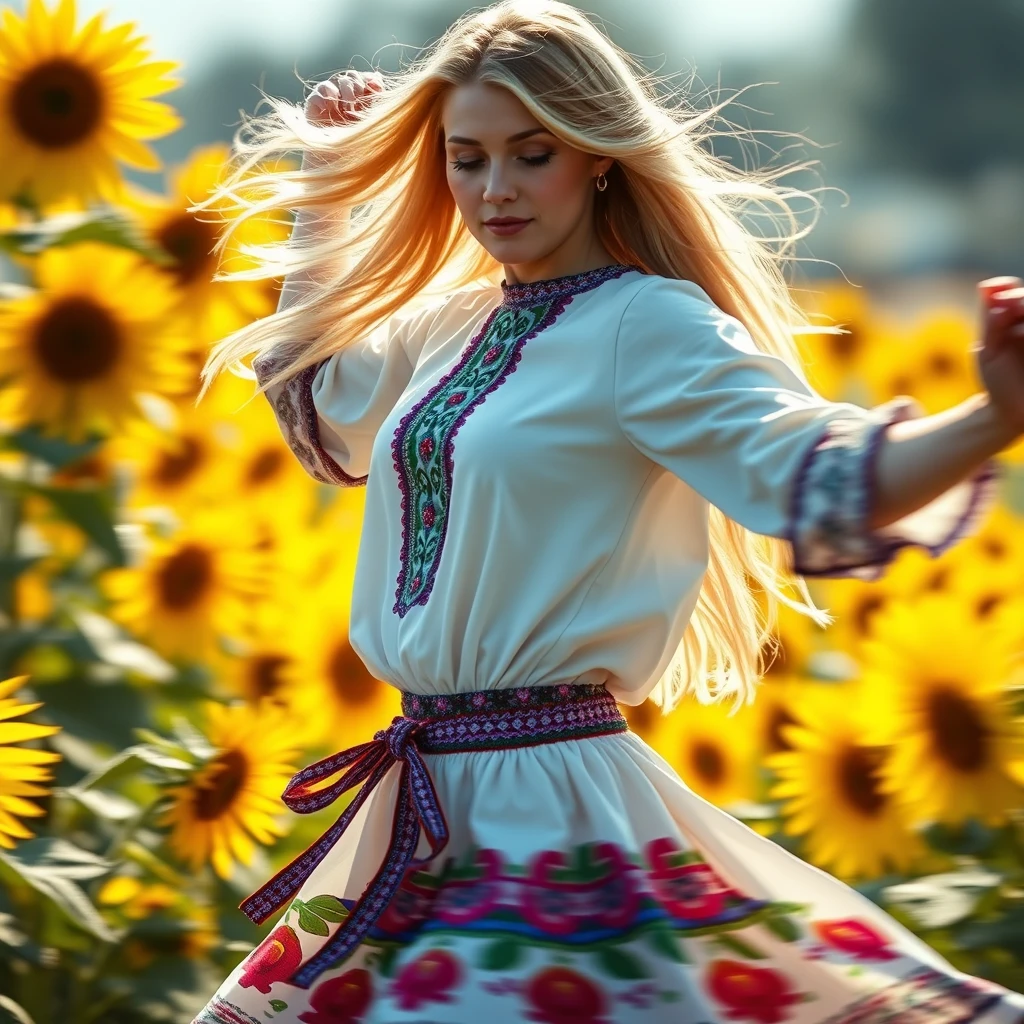 A Ukrainian woman dancing in a sunflower field, 20 years old, blonde, with light in her eyes, (Ukrainian traditional costume: 1.4), Style by Rick Remender, Motion blur, Movement, Full body, Award-winning work.