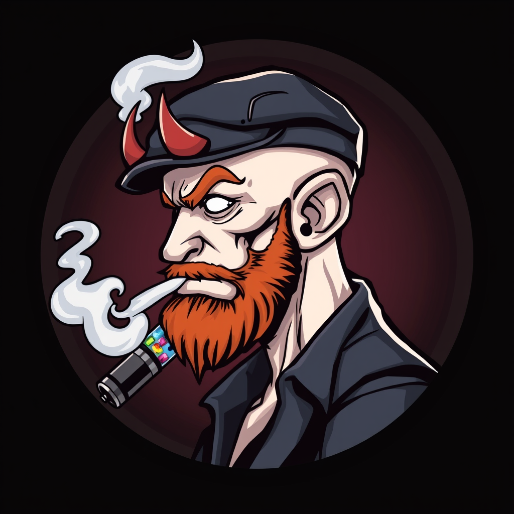 Three-quarter view cartoon demonized white human male, bald with short ginger beard, wearing a vintage flatcap. He's exhaling vapor clouds from a sleek vapemod, dripping with vibrant e-liquids. Set in a circular logo design, featuring gothic elements and a smoky, mischievous atmosphere. - Image