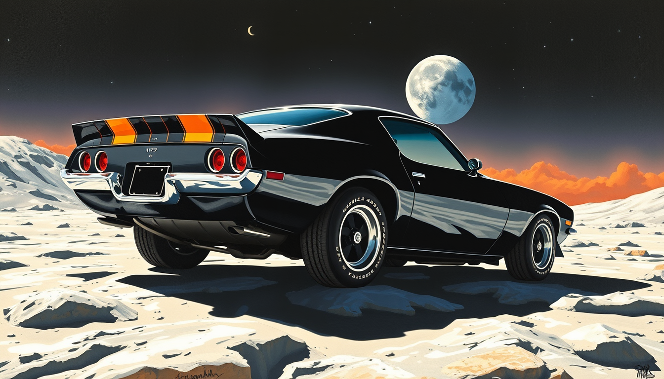 a 1972 Camaro on the moon, as painted by Syd Mead.