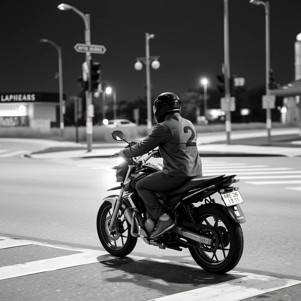 "At the crossroads, someone is riding a motorcycle, with Chinese characters or Japanese."