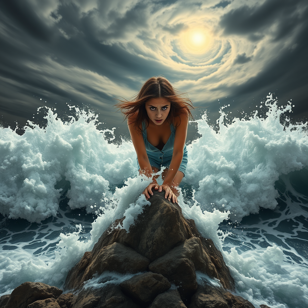 A troubled woman stands on a rocky shore as the relentless ocean waves crash around her, their frothy white crests reaching out like desperate hands. The sky above is a swirl of stormy grays, with the sun struggling to break through the clouds. The woman's hair whips around her face as she clings to the rock, her eyes filled with a mixture of fear and determination. The waves, powerful and unyielding, seem to mirror her inner turmoil, yet there is a sense of hope in the air, as if the sun's rays are trying to pierce through the darkness and bring her peace. - Image