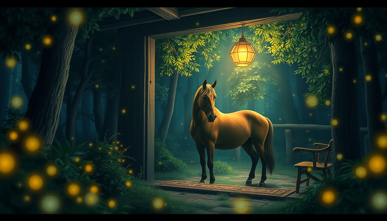 "A nighttime scene, a horse in a room, surrounded by fireflies, filled with greenery, the room blends into the forest, realistic style." - Image