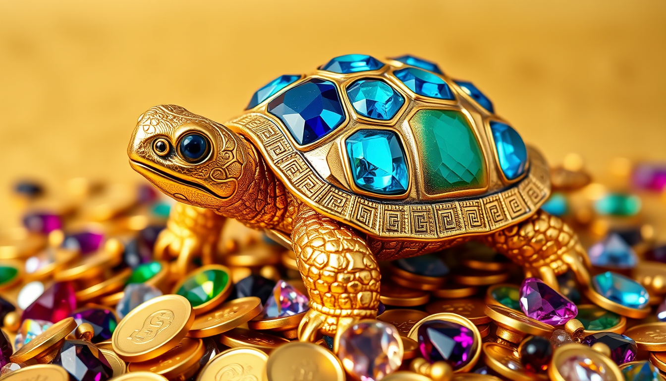 A golden turtle with blue gems on its shell, standing on a pile of gold coins and multi-colored gemstones. The rainbow turtle is isolated on a golden background. It is made of high-grade textured metal material, sparkling gold with dazzling light effects. The artwork has a delicate metallic luster with three-dimensional colors, captured through high-definition photography with high resolution to show super detailed details, in the style of a Chinese artist.