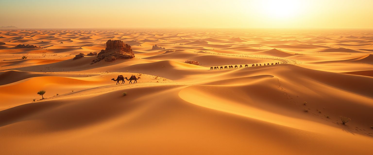 Vast, arid desert, golden sand dunes, endless horizons, high quality, photorealistic, tranquil, remote, camel caravan, nomadic, breathtaking, clear blue sky, oasis, solitude::1.2 cacti, desert flowers, rugged rock formations, starry nights, sandstorms, ancient ruins, dune bashing.