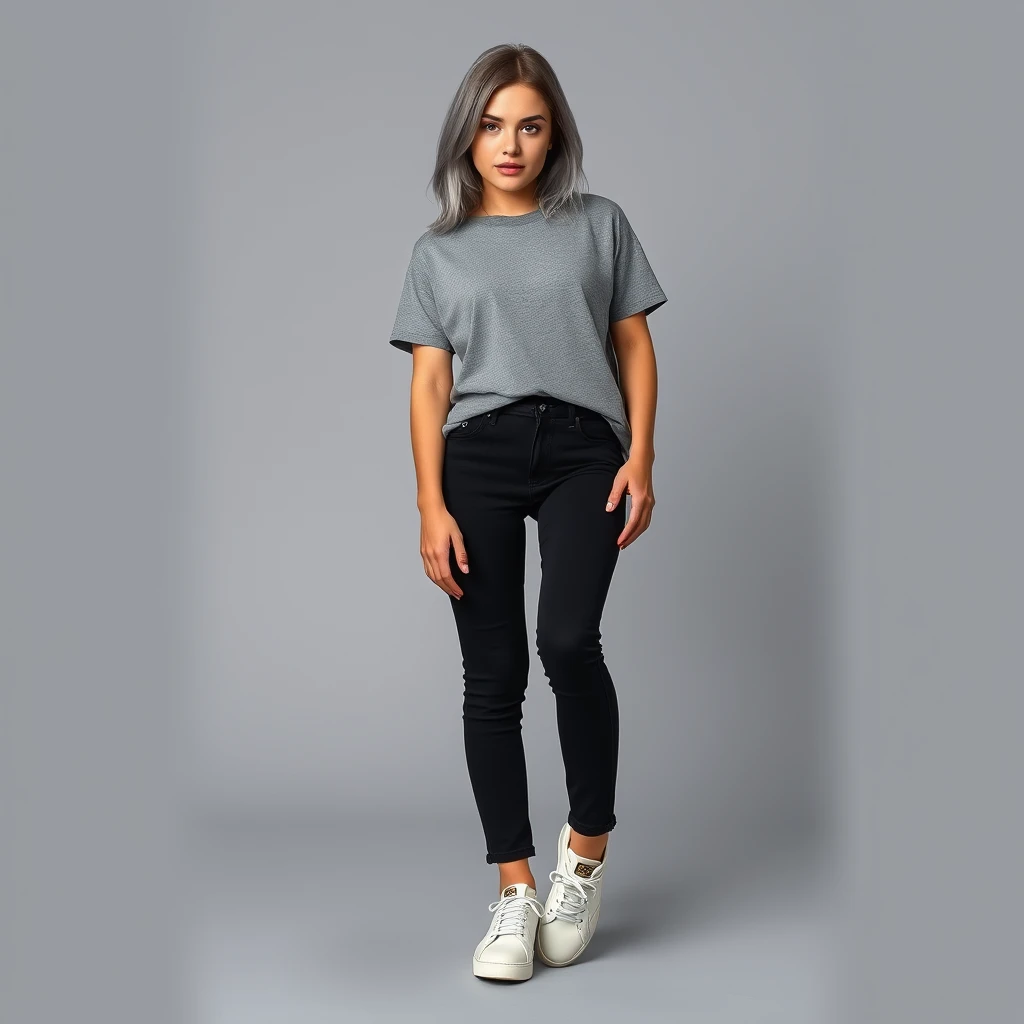 A young woman in a grey T-shirt, black jeans, and Gucci sneakers on her feet. Appearance: cool gray hair and blue eyes. Professional photo. Full length.