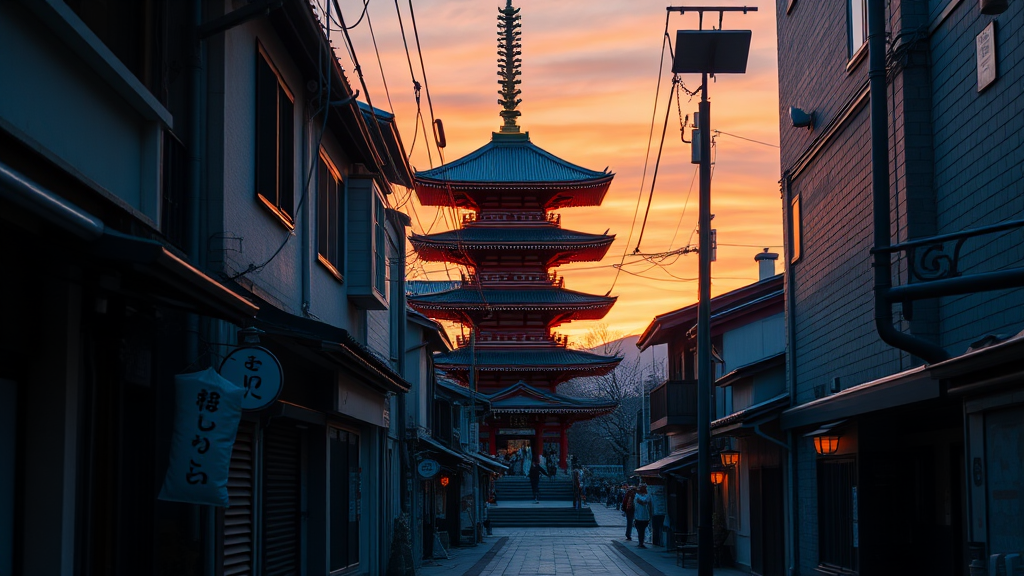 a narrow street with a pagoda in the background at sunset in kyoto, a photo, shutterstock contest winner, japanese temples, kyoto, japan travel and tourism, japan sightseeing, japanese town, japanese street - Image