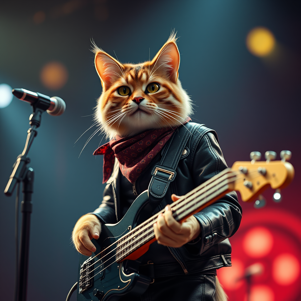 Extremely ultra-realistic photorealistic 3D, professional photography, natural lighting, volumetric lighting maximalist photo-illustration, 8K resolution detailed, elegant. A cat in a bandana and a leather jacket plays bass guitar on stage.