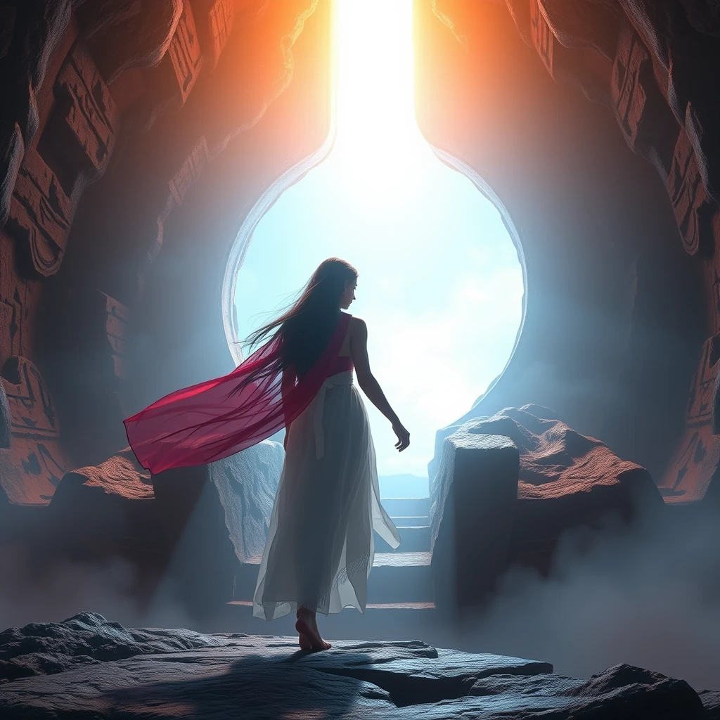 When she stepped into the portal, the light completely enveloped her. Picas style, 3D rendering, ultra-high definition picture quality, 38k, - niji 6.