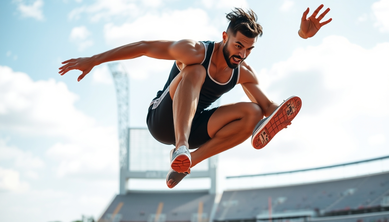 A dynamic shot of an athlete in mid-air, performing a high jump in an outdoor stadium, with a focus on strength and movement.