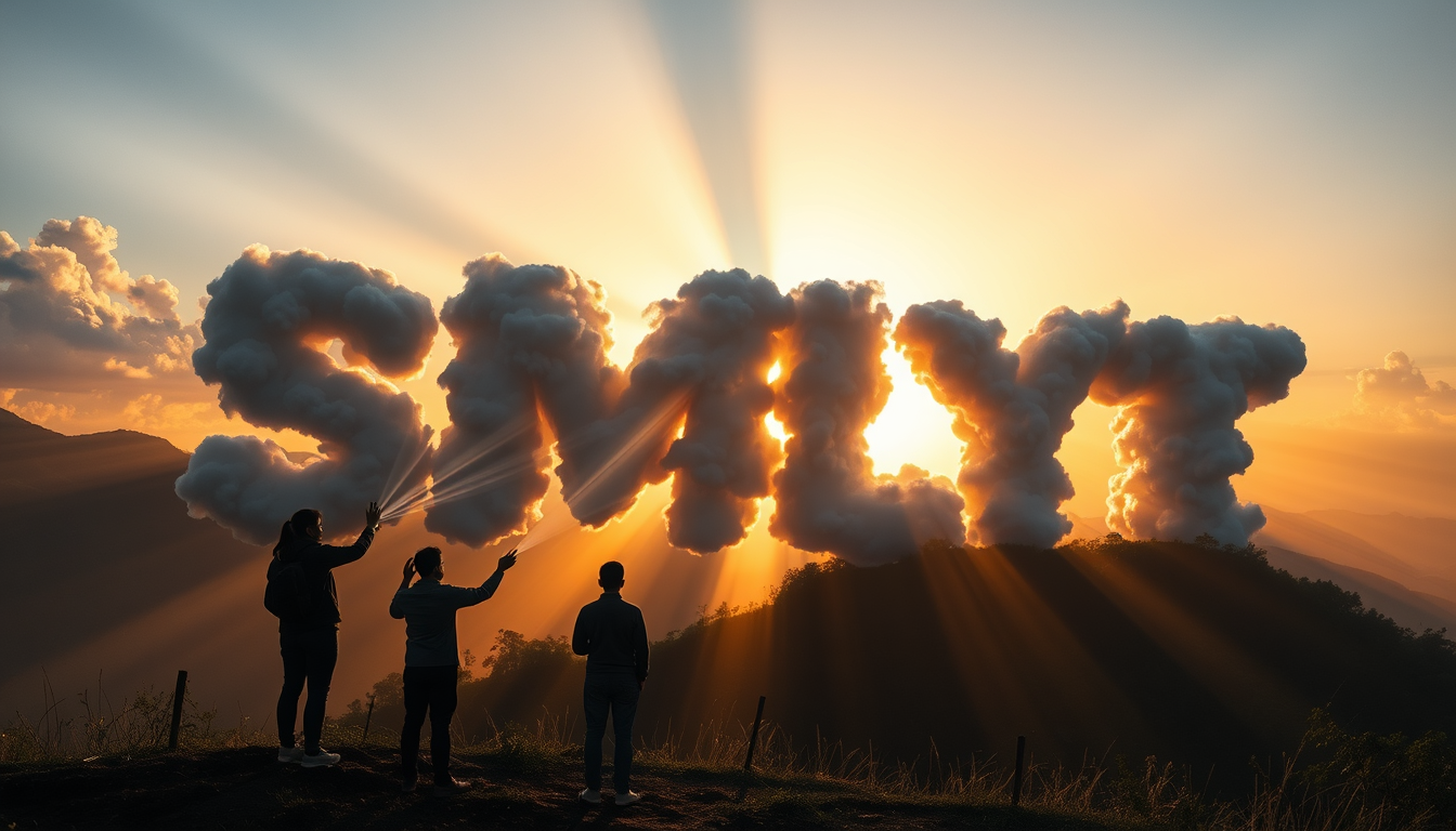 Photorealistic style: Silhouettes of people stand on a hilltop against the rising sun, overlooking a valley with traditional bamboo huts. Streams of light from their hands spell out "SMLYT" across the sky. The letters are rendered as massive, cloud-like formations with hyper-realistic textures. Sunlight interacts with the letters, creating vivid crepuscular rays that pierce through the characters and illuminate the landscape below.