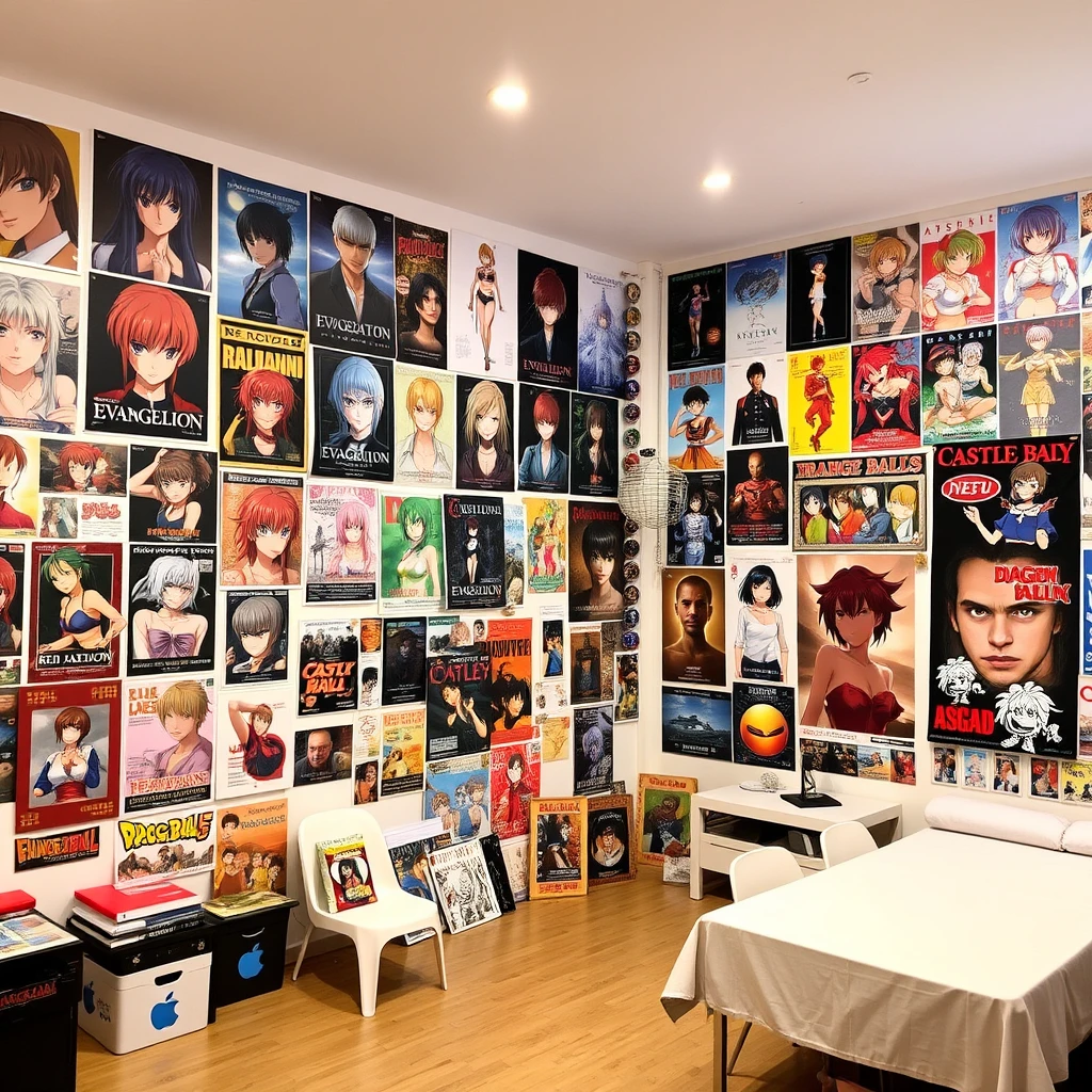 A large room with one wall covered in many posters, including posters of the famous anime character Rei Ayanami, posters of Neon Genesis Evangelion, Dragon Ball posters, Asuka's posters, and Castle in the Sky posters. The room also has a bed and table and chairs.