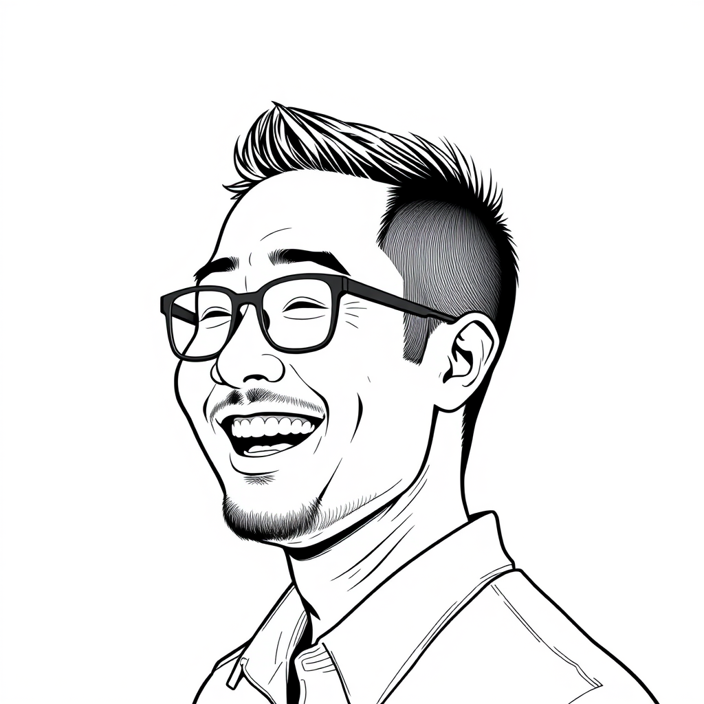 A cool black and white line drawing of a 35-year-old man’s head, with a short back hairstyle, Asian descent, wearing black thin-framed glasses, a slightly short beard on the chin, in a shirt, with a full face, clean and fresh skin, slightly overweight, and laughing heartily. - Image