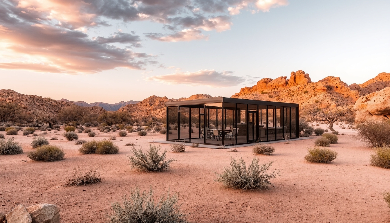 A dramatic desert landscape with a glass pavilion offering shade and shelter.