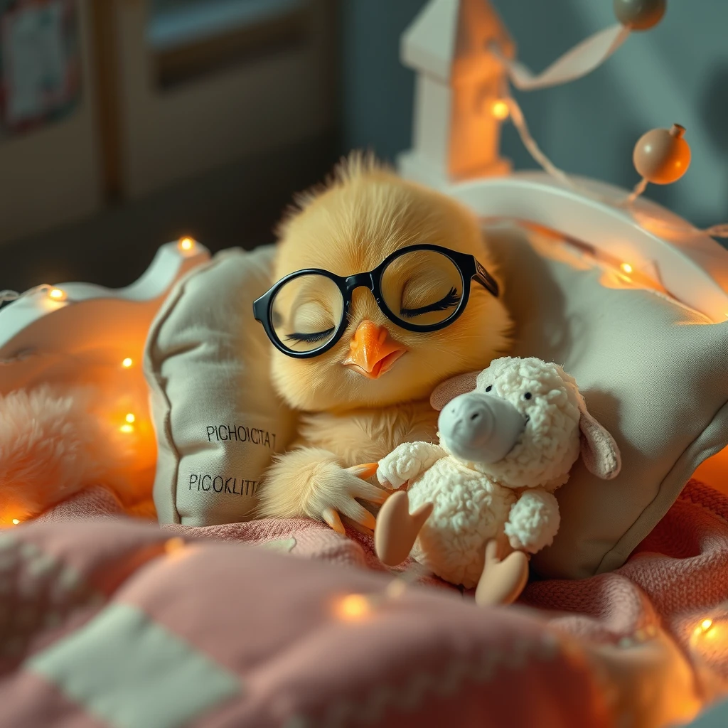 It's night. A sweet, delicate little chick, cute and tender, with a small round beak, is wearing glasses and resting its head on a pillow, deeply asleep in its lovely little bed with tiny bells, fluffy textures, soft colorful lights, and childish details with the name PICHONCITA written on it, wrapped in patchwork blankets, holding a tiny, friendly plush sheep. Photograph. - Image