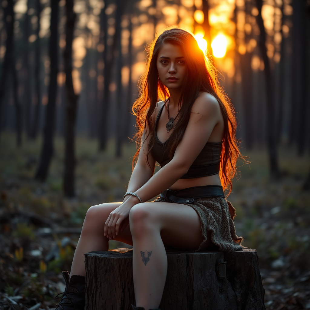 Real-life photography: In the evening, in the forest, a female barbarian is sitting on a wooden stump, with the sunset shining on her face.