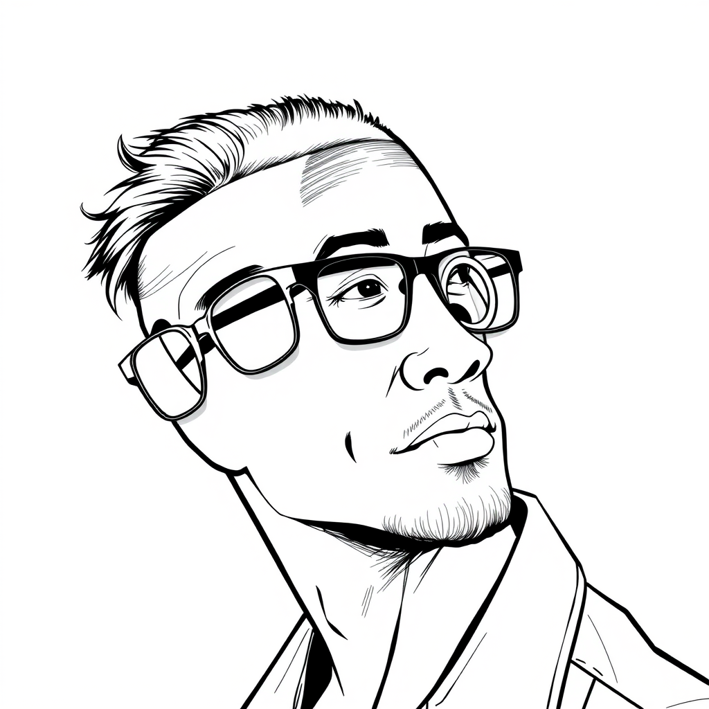 "Create a cool line drawing of a man around 35 years old, with a crew cut, in a right-side profile view, having a muscular build. He is Asian, wearing framed prescription glasses, with clean-shaven lips and a bit of beard on his chin, dressed in a shirt, and exuding a slightly rebellious charisma, with a thoughtful expression."