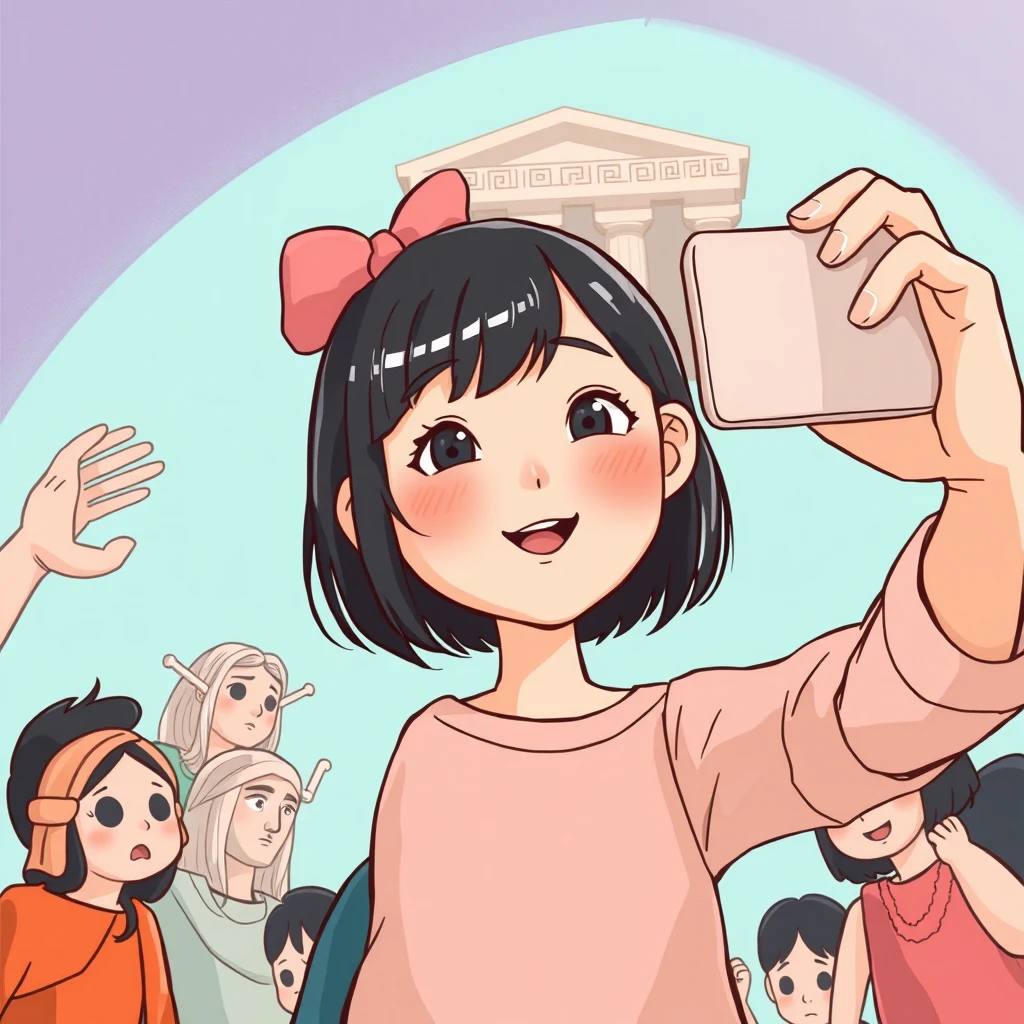 "Draw a first-grade Korean girl taking a selfie with the Greek gods in the center, in a somewhat cartoonish style." - Image