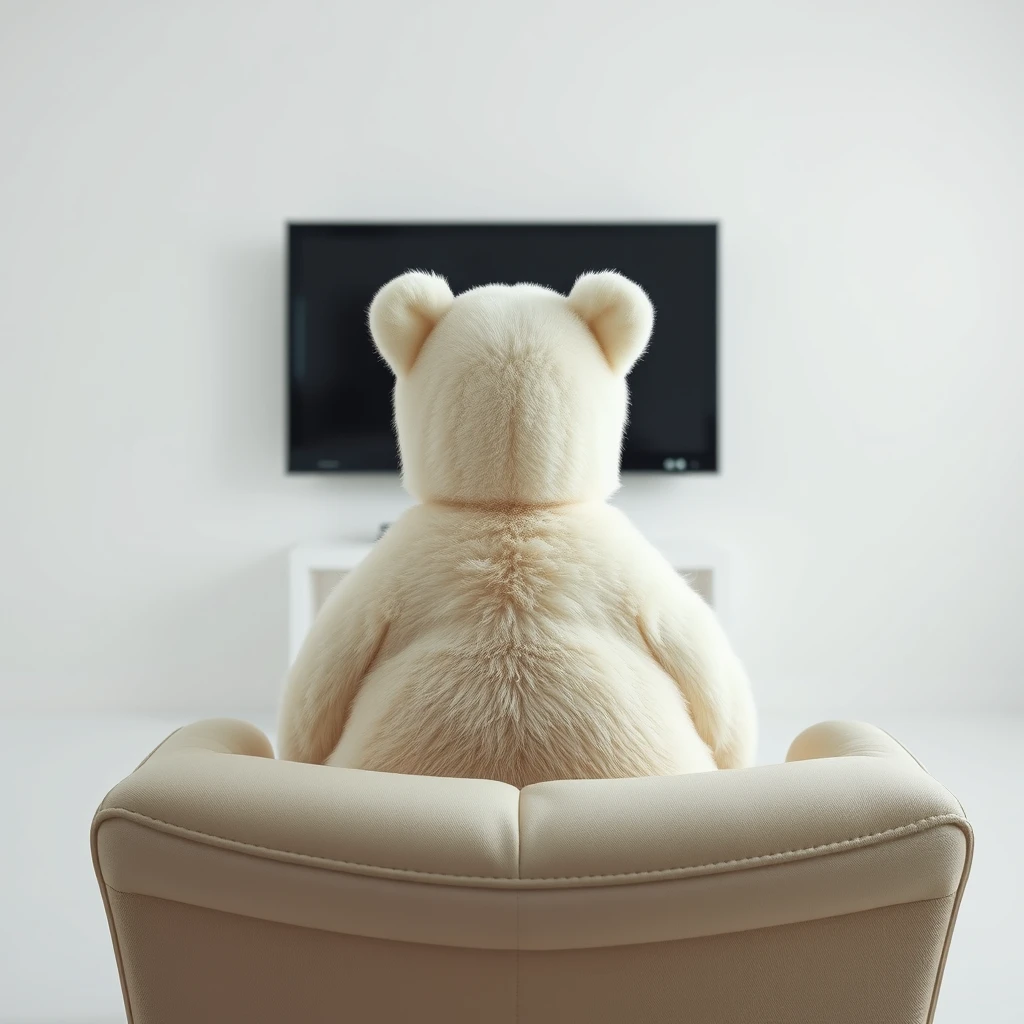 Static extreme wide angle, shoulder shot of a cute white baby bear watching TV in a white empty space. The rear of the white bear is sitting on a luxury chair.