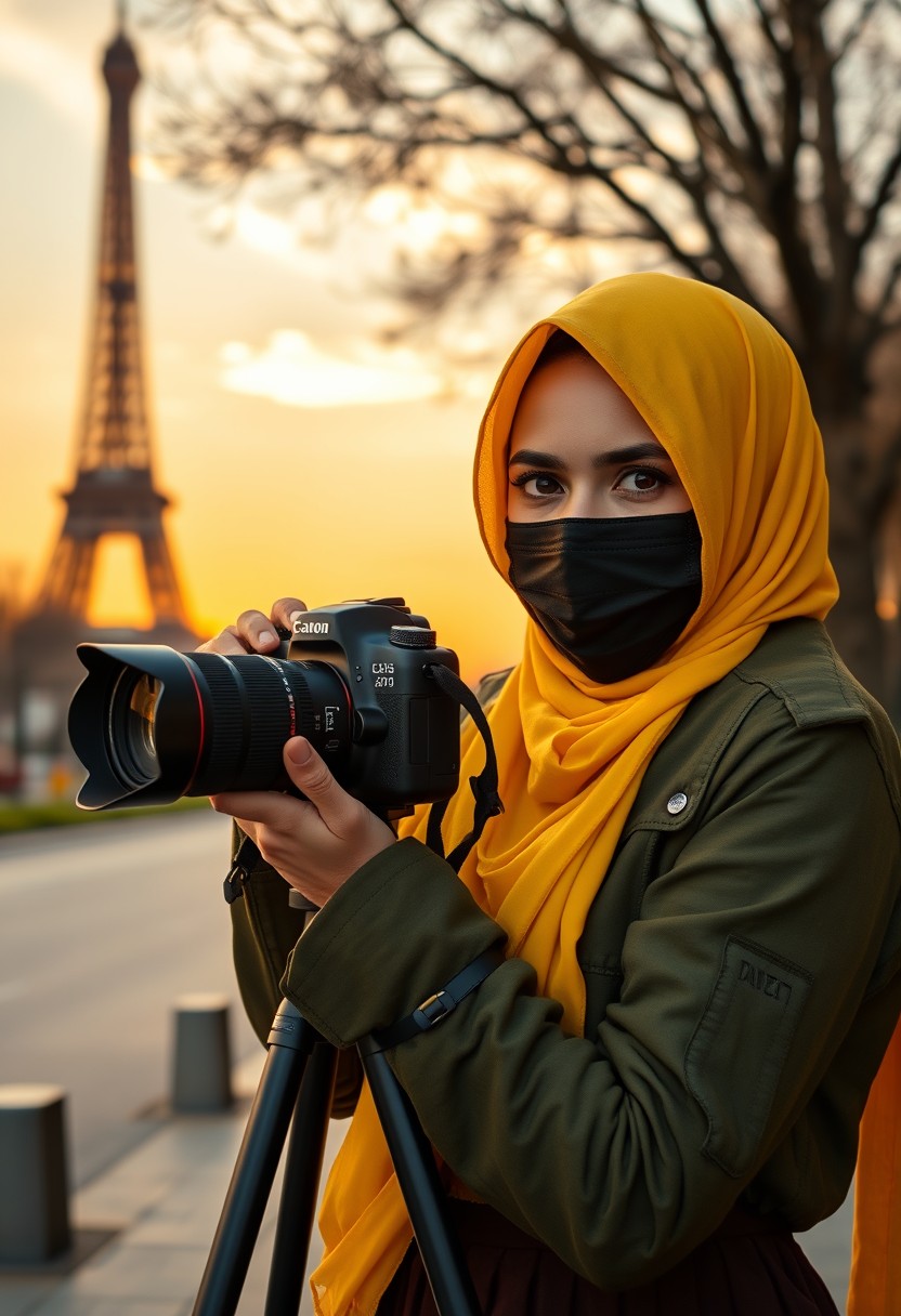 Biggest hijab yellow Muslim girl, beautiful eyes, face mask black, green army leather jacket pattern, biggest skirt, camera DSLR Canon, tripod, taking photos of Eiffel Tower, sunrise, morning scenery, hyper realistic, street photography.