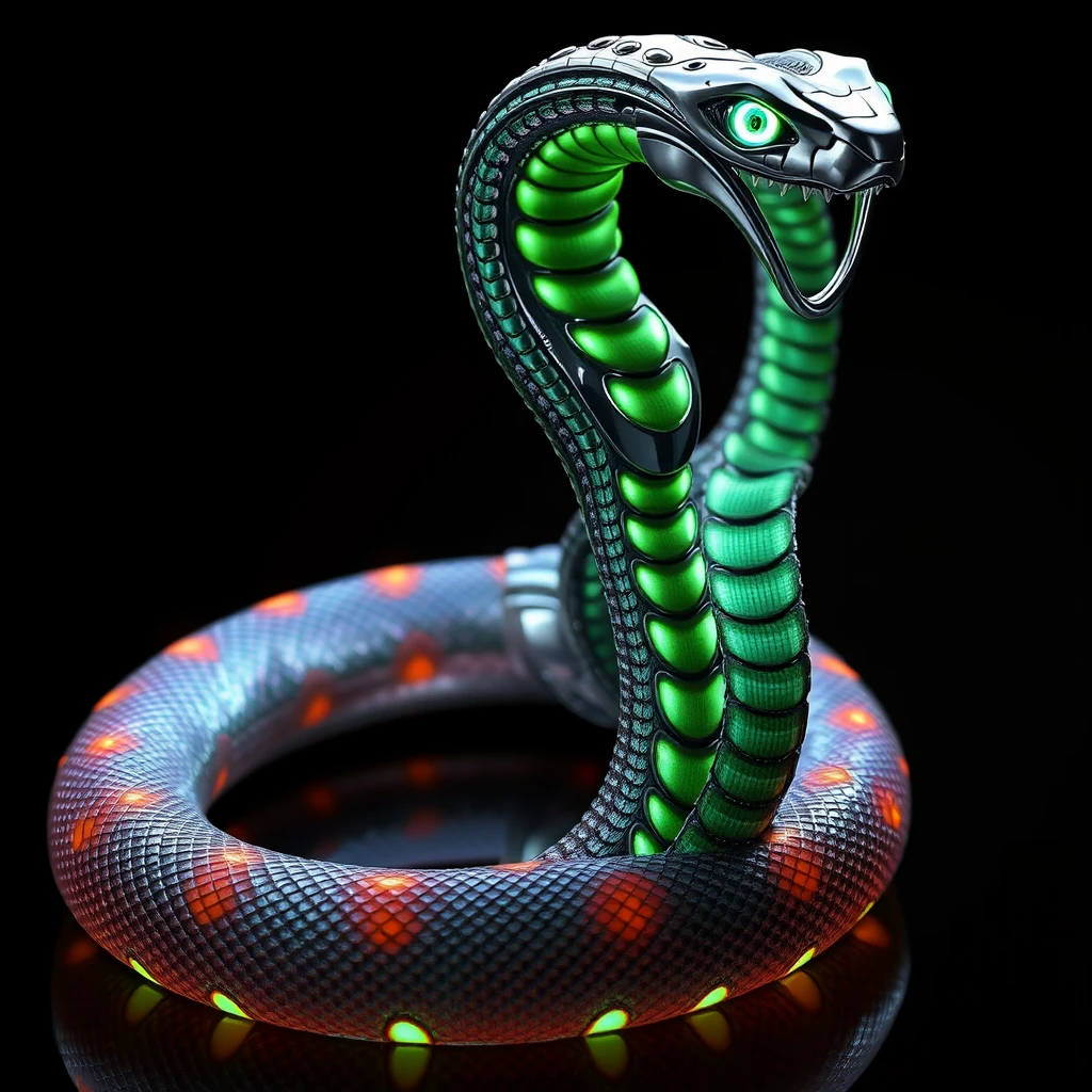 The Hypno-Cobra Lamia is a mesmerizing spectacle, a fusion of robotic elegance and serpentine allure. Her sleek metallic body, which doesn't have legs, glistens with an ethereal sheen, coiling gracefully to exhibit her hypnotic movements. She expertly seduces and ensnares her victims with her vibrant, glowing eyes and entrancing dance, leaving a trail of dazed adventurers in her wake. - Image