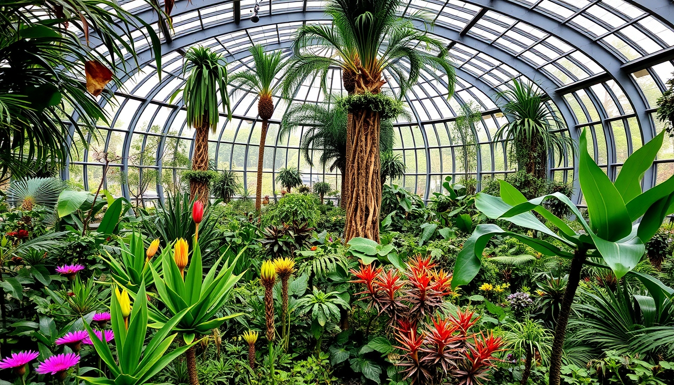 A stunning glass-enclosed botanical garden, filled with exotic plants and flowers.