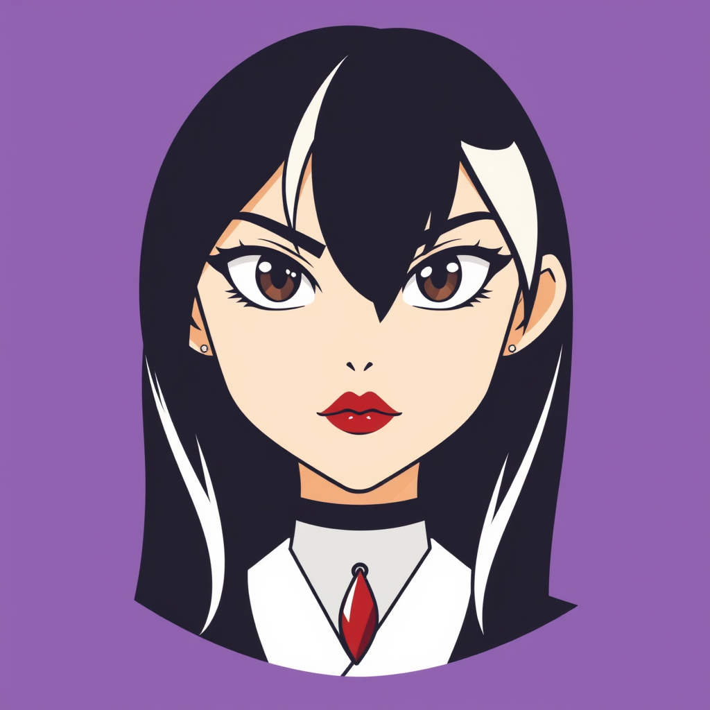 A basic simple vector logo of a beautiful female character with hazel brown eyes, long, dark black hair with white front strands, wearing a black and white outfit with a red pendant necklace, and a serious face with red lipstick, on a purple background.