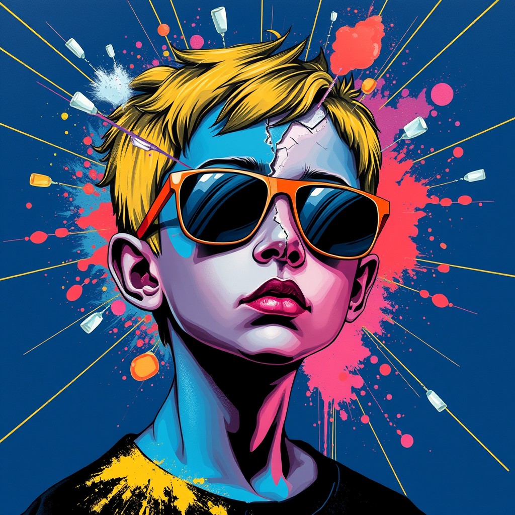 A boy with blue skin and an abstract broken face, wearing sunglasses, surrounded by glass breakage and gold lines on a dark blue background, a colorful explosion of spilled powder. Illustration style, Andy Warhol style, Picasso style. - Image