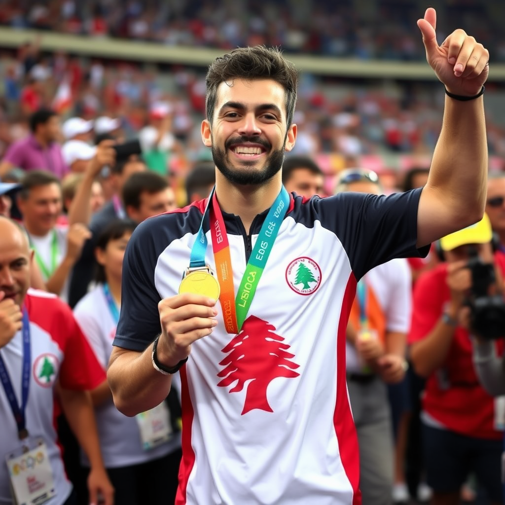 Olympic medalist, Team Lebanon, holding the gold medal and celebrating among the crowd, wide picture, Mediterranean-looking champion, proud, happy, first-ever medal.