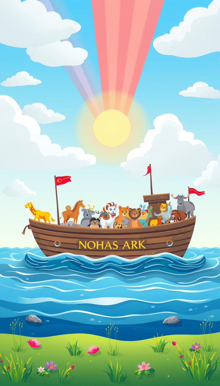 Create a colorful illustration of Noah's Ark, filled with various animals, floating on a gentle sea under a bright rainbow.