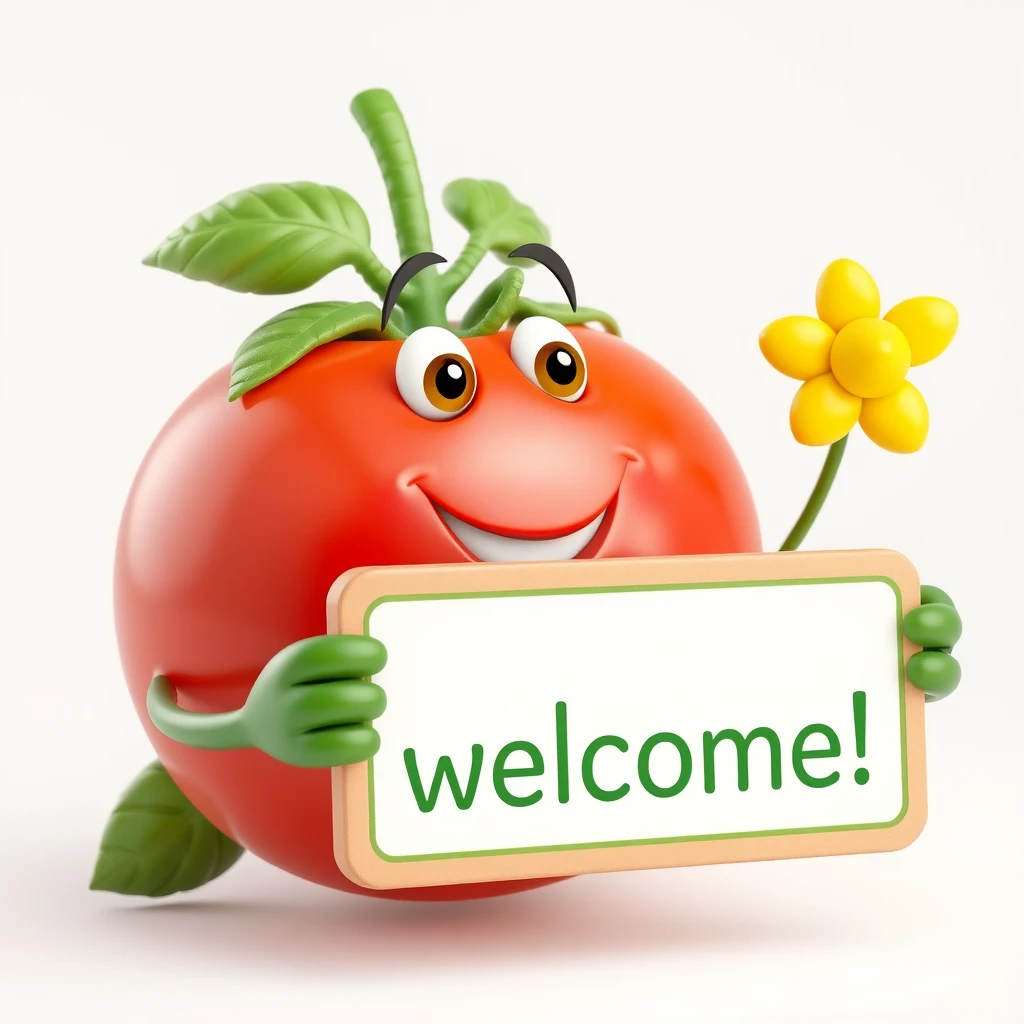 3D render, masterpiece, a cartoon tomato with human features holds a sign with text: "welcome!"