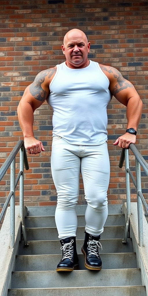 A towering, muscular 60-year-old skinhead bodybuilder stands confidently on concrete stairs, his gleaming bald head contrasting with his light skin. Clad in a striking white t-shirt, tattooed arms flex beneath the sleeveless fabric. Tight bleached denim trousers highlight his powerful legs, complemented by knee-high Dr. Martens boots with white laces. The rugged brick wall and metal handrails create an industrial backdrop, enhancing the imposing presence of this behemoth.