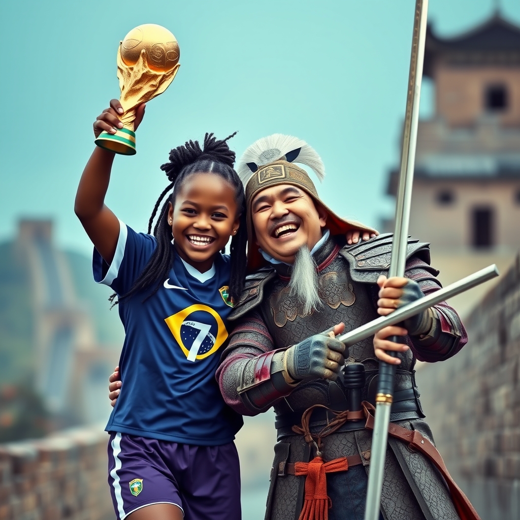 Two people are embracing; on the left is a Black girl wearing a Brazilian soccer uniform, holding up a World Cup trophy. On the right is an Asian man dressed in ancient Chinese armor, holding a long sword. Both of them are very happy and laughing, and the background features a blurred Great Wall of China. - Image