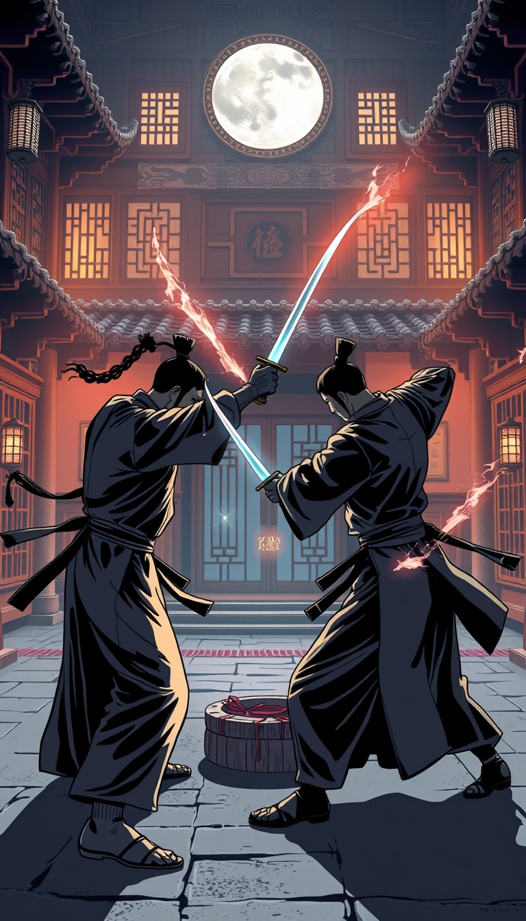 A high-resolution comic-style illustration showing a duel between two martial arts masters in an ancient Chinese courtyard at night, without displaying the characters. Soft light through traditional wooden windows highlights background patterns and antiques. The courtyard features martial arts weapons, with trails of acrobatics and glows of swordplay left in the air, emphasizing the advanced skills. The atmosphere conveys the mystery and grandeur of Chinese martial arts. The image is in 8K resolution, flat comic sketch style, with a graphic novel aesthetic, 2D effects, and muted tones. - Image