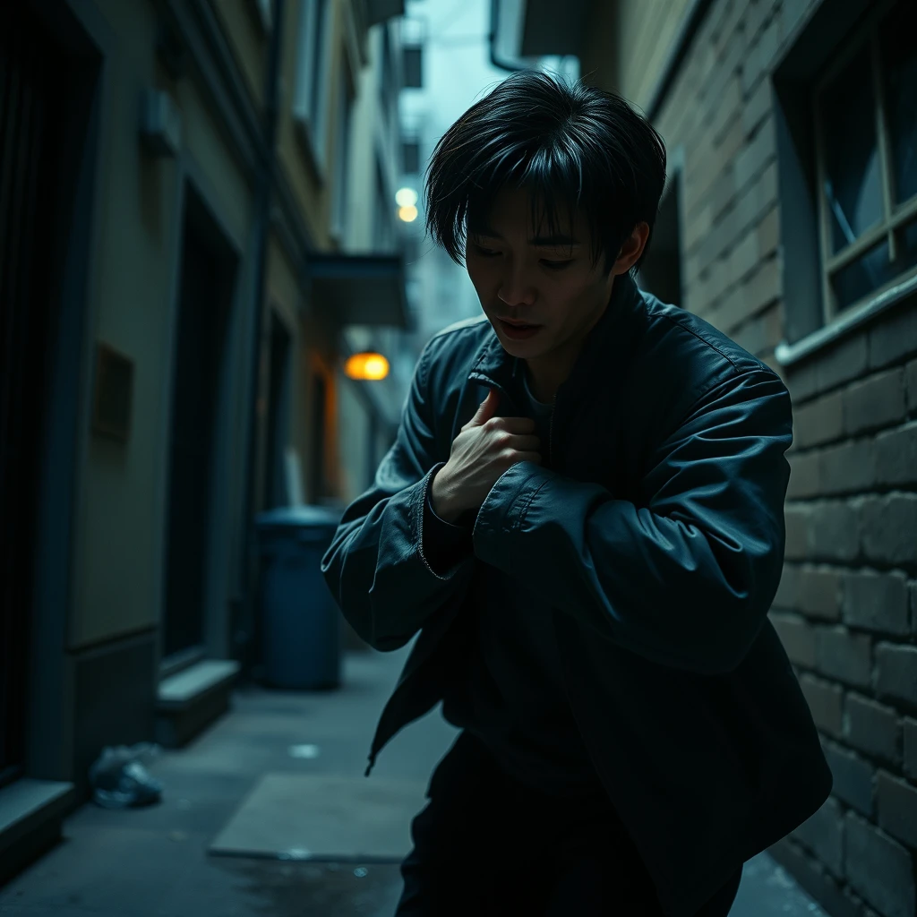 Li Hanxiao clutched his chest in pain and stumbled away, trying to escape through the dark and narrow alley of the residential building. (live-action) - Image