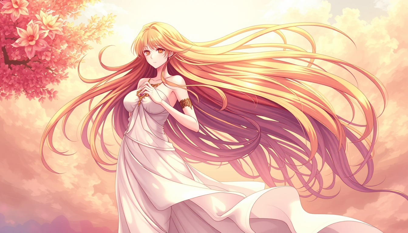 Anime art of a motherly goddess with long hair, natural reflectiveness, a detailed body, standing, featuring a wallpaper anime background with stunning details, high illustration quality, and available for download as a Windows wallpaper. - Image