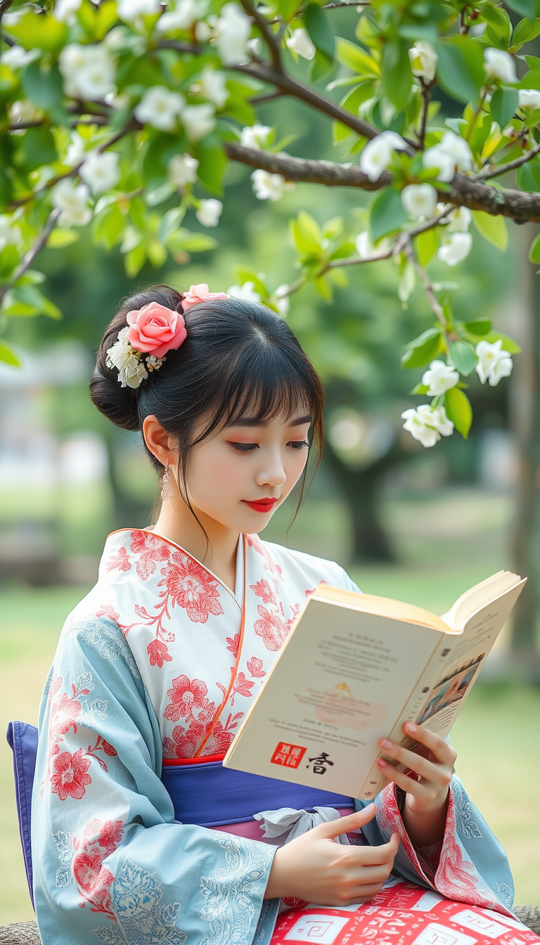 "A Japanese beauty is reading a book under a tree."