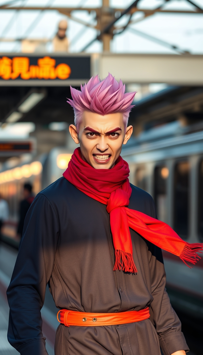 A Japanese guy wearing a dark blue long-sleeve dress with a red scarf around his neck, pink spiky hair, a full spirit and energetic expression, looking angry, during the golden hour, with a Tokyo train station background and bokeh.