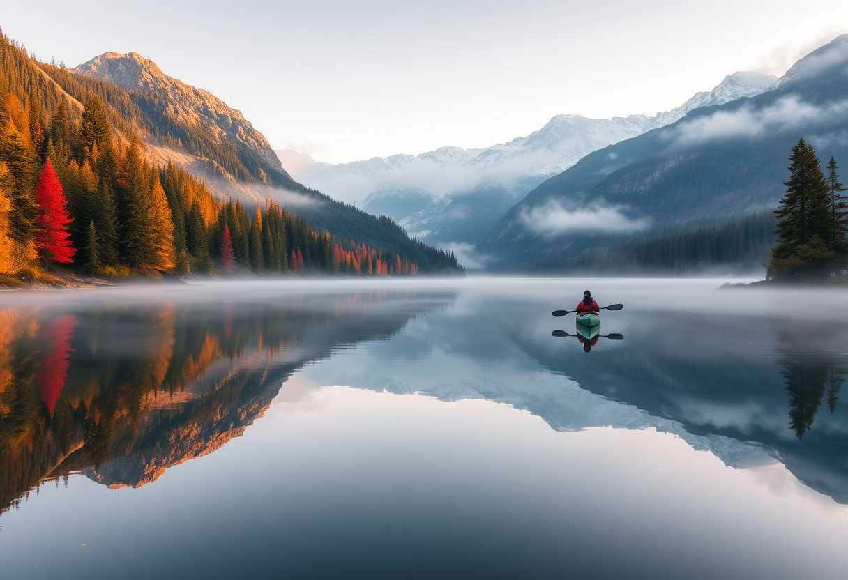 Peaceful, serene lake, mirror-like surface, misty morning, high quality, photorealistic, majestic mountains, pine trees, colorful autumn foliage, reflection, tranquil, secluded, remote, idyllic::0.7 kayaking, canoeing, rowboat, sunrise, sunset.