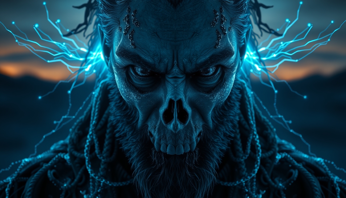 A symmetric portrait of a male, evil frozen necromancer, features dissolving into frozen magic thin, luminescent blue lines. Weighted Voronoi stippling and laser caustics create a network, transitioning from hyperrealistic detail to abstract, quantum-inspired forms. Ethereal hues blend, evoking existential transition and mystery. Close-up on face, evil skull partially visible. Set against a twilight arctic backdrop, icy winds ripple through his tattered robes. Rendered in a fusion of photorealism and digital surrealism, the scene is illuminated by ghostly Northern Lights. Emphasis on cold, menacing atmosphere, invoking Nordic myths. - Image