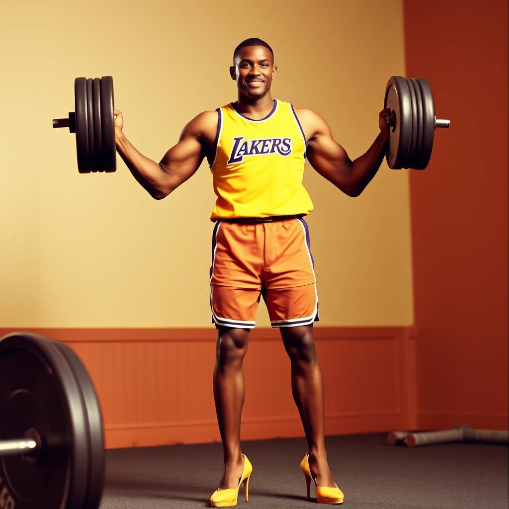 Famous basketball player standing, lifting weights, wearing high heels and in a Lakers shirt. - Image