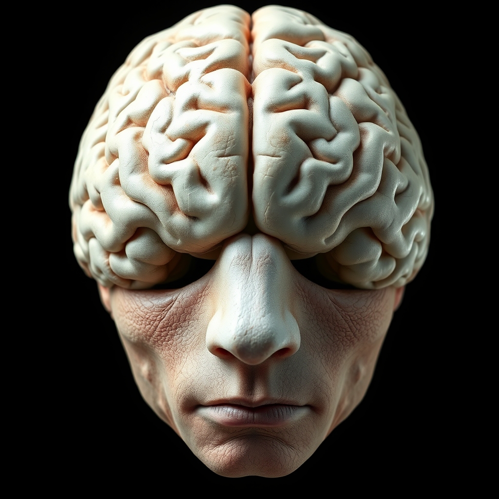 A brain with white matter and a face with a white nose.