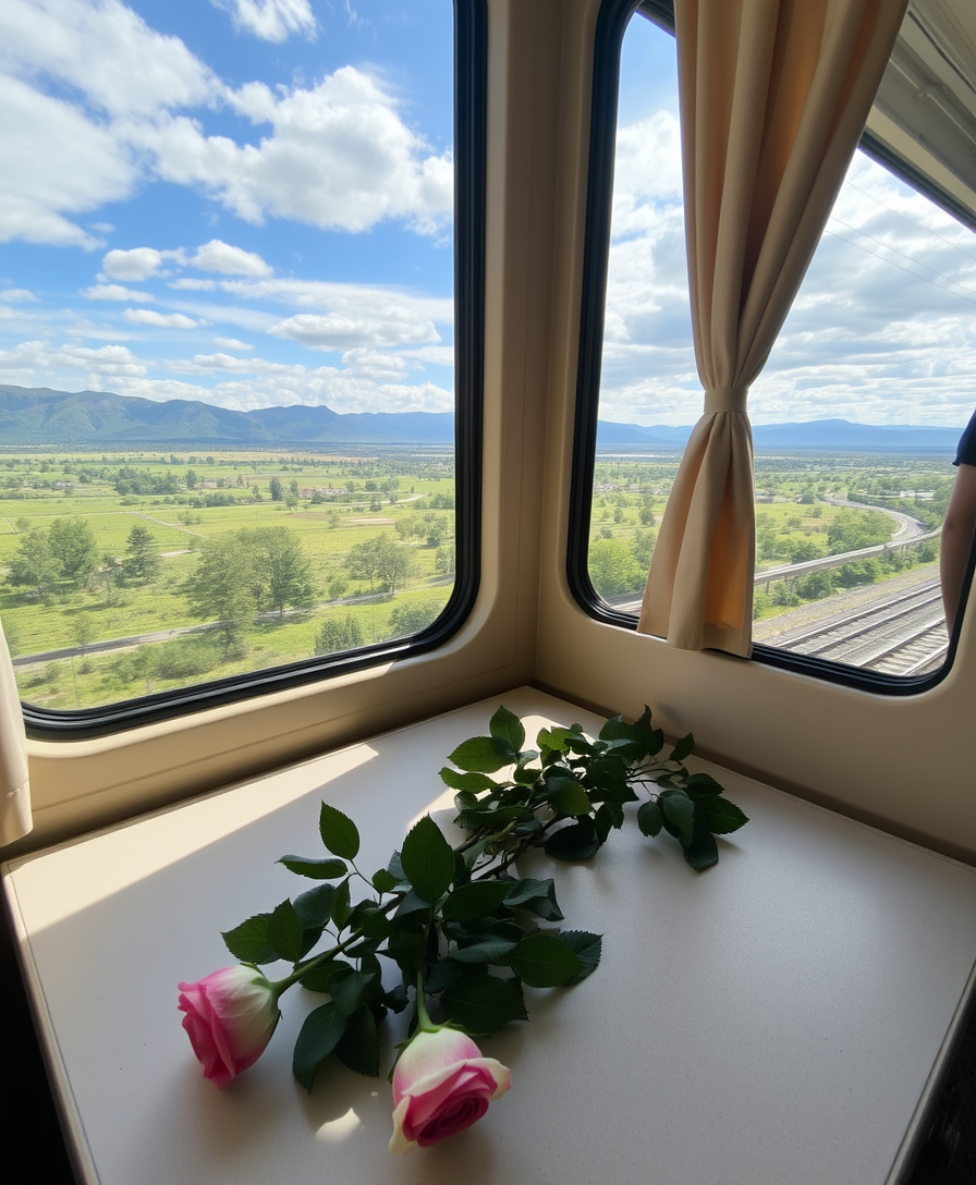 A bouquet of roses lies on a table in a cozy compartment, a stunning view opens outside the train window.