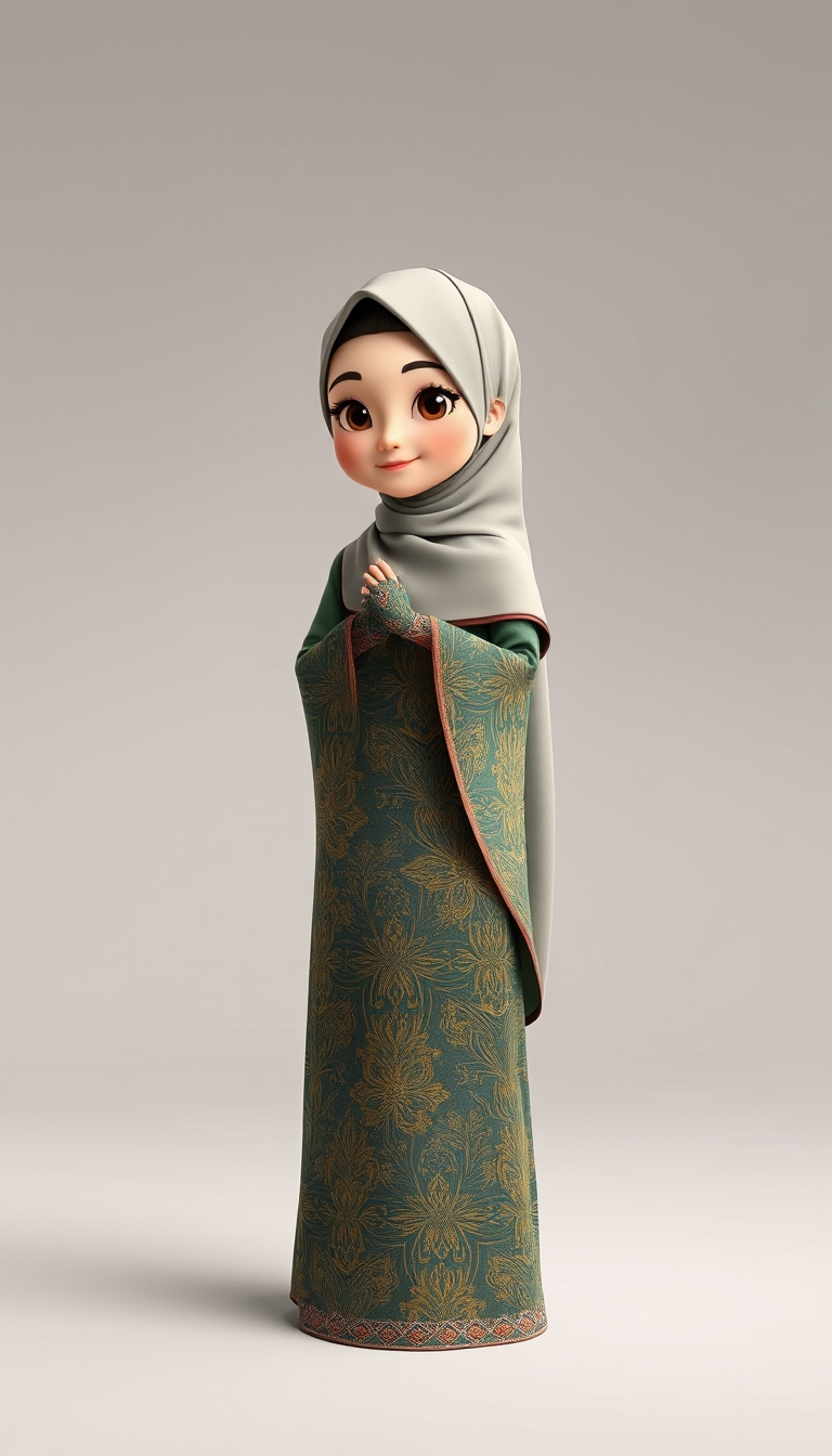 Create a 3D, 8K animated cartoon of a Muslim woman from Palembang wearing a long traditional songket dress. She should have her hands covered with batik gloves. The image should capture the elegance and cultural richness of the attire. - Image