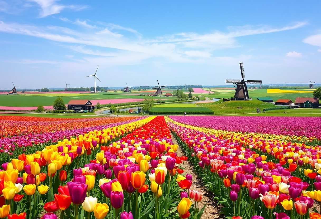 Sprawling, colorful tulip fields, blooming flowers, vibrant, cheerful, high quality, photorealistic, idyllic, springtime, windmills, rural, Dutch countryside, picturesque, breathtaking::0.9 cycling, bicycle paths, windmill-lined canals, charming, blue skies, peaceful, farmland, grazing cows. - Image