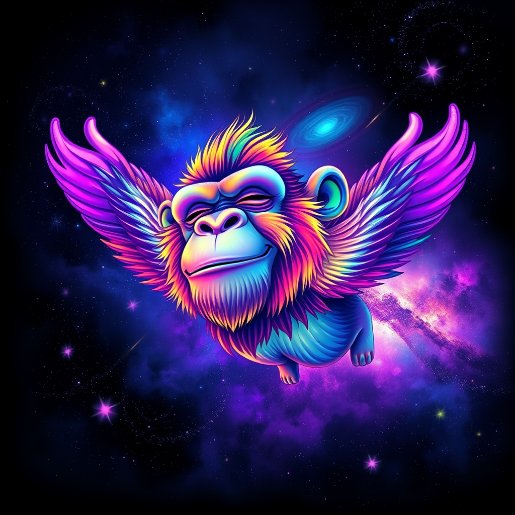 A captivating digital painting of a happy ape soaring through a dreamy, cosmic landscape. The ape sports a vibrant rainbow color palette, with flashes of color interspersed throughout the scene. The background features a starry cosmos with swirling galaxies and nebulas. The ape's eyes are closed, exuding a serene expression, while its serene smile is a testament to its peaceful state. The glitchy edges, fading to black, add a unique and striking touch to the design. The subtle acid rainbow cubic glitch effect adds depth and visual intrigue to this mesmerizing, dreamy t-shirt design. - Image