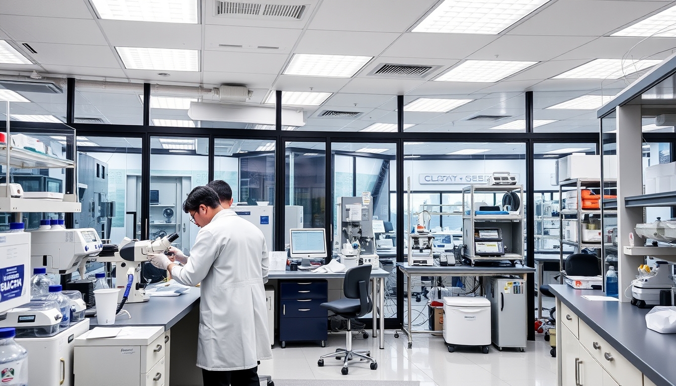 A high-tech laboratory with glass walls and advanced equipment, scientists at work.