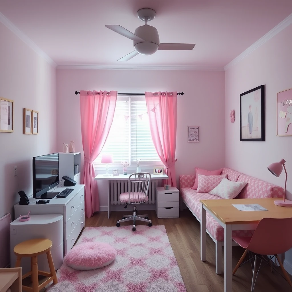 Make a girl's room warm and cozy, with light pink furniture and decorations, a computer, mobile phone, pillows, tables, and chairs.