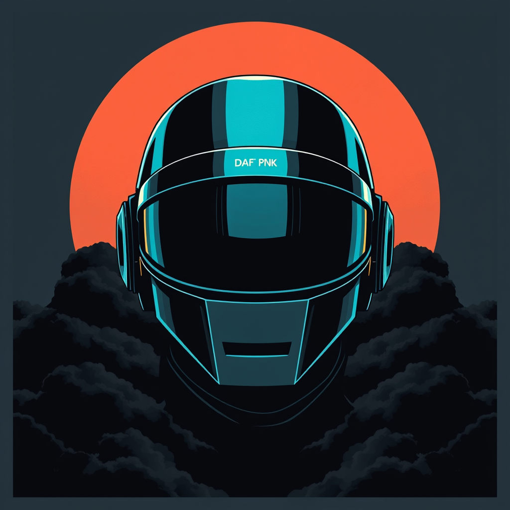 Daft Punk helmet in vector art style for a poster or T-shirt, featuring a large sun-like circle in the background, layered with dark grey clouds and an outrun color palette. The design includes black canvas, dark teal accents, and a sinister atmosphere, reminiscent of album art and CD cover artwork, by Mike Winkelmann, space art, retro space helmet. - Image