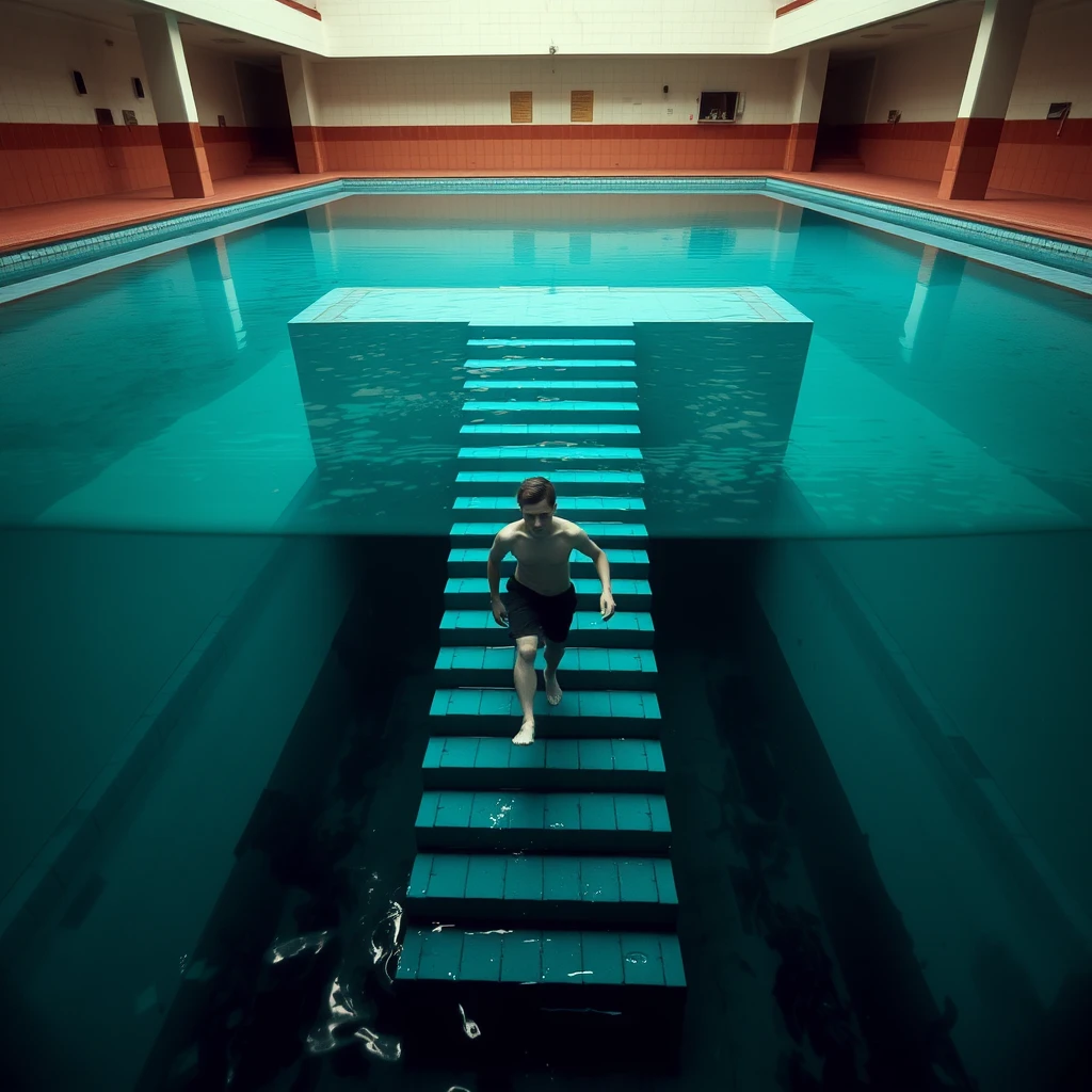 There is a strange swimming pool with steps extending from the second floor down to the pool and to the bottom of the water, where a young man is walking up the steps underwater.